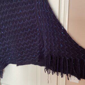 Women's Blue Knit Poncho Shrug Sequences Fringe Tassels One Size Evening Wear